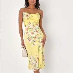 Lulus Sunny Blossom Yellow Floral Print Satin Cowl Neck midi dress